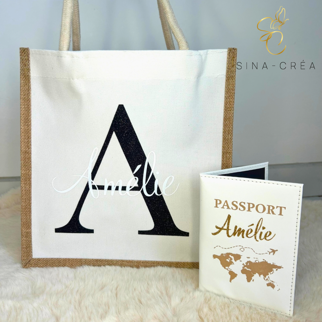 Cabas jute et beige avec initiale et prénom