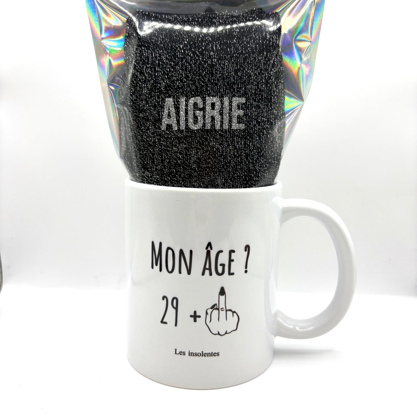 🖤 Coffret Insolent 30 ans – Mug “29 + 1” & Chaussettes pailletées “Aigrie”